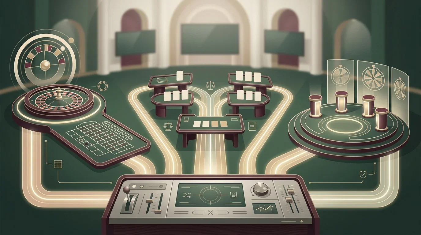 Концептуална редакционна илюстрация на live casino маси без реални дилъри, лога или интерфейс